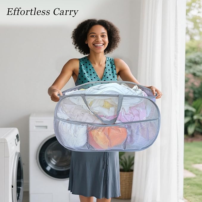 Collapsible Laundry Baskets 2 Pack, Mesh Pop Up Hamper with Handles, Portable Stair Basket, Dorm or Room Folding Bin, Dirty Clothes Hamper Light Breathable. Grey. 2H