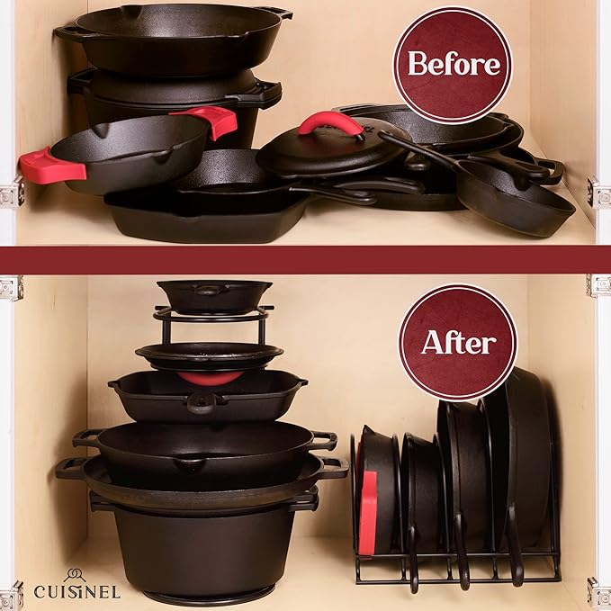 Cuisinel Pan Organizer Rack - 60 to 100-LBS Capacity Extremely Heavy Duty - 8mm Thick Made in India - Matte-Black 12.7"-Tall 5-Tier Space-Saving Kitchen Counter/Cabinet Storage for Cast Iron Cookware,