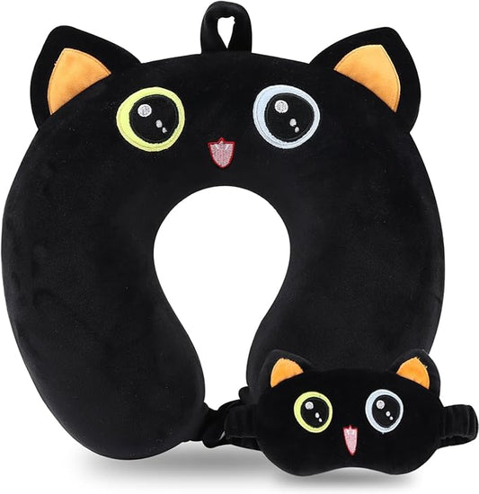Kids Neck Pillow for Travel with Sleep Eye Mask, Cute Travel Neck Pillow, Memory Foam Cartoon Flight Sleeping Headrest Pillow for Boys & Girls, Airplane, Train, Car, Home Use - Smart Black Cat