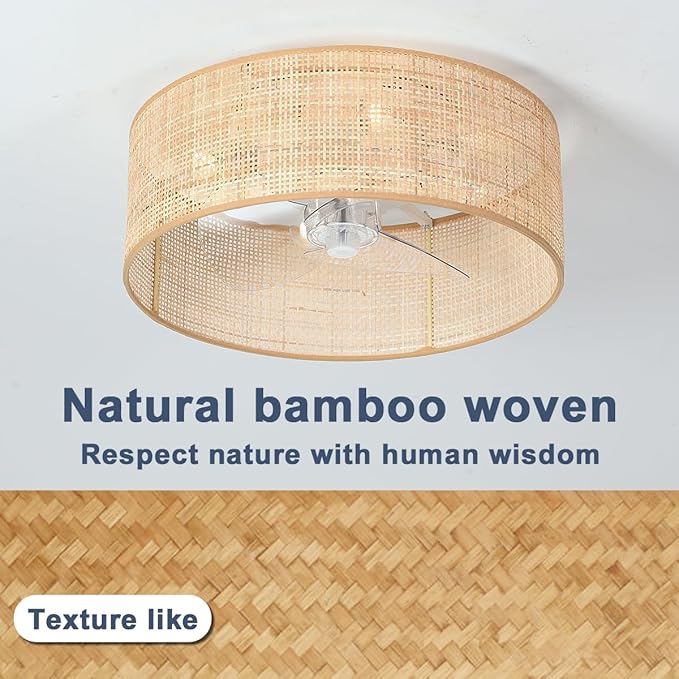 Bamboo Small DC Ceiling Fan with Light Fixture and Remote Control,Boho Enclosed Wicker Caged Flush Mount Rattan Cage Drum Low Profile Fandelier for Kitchen Nursery Bedroom Indoor Office Dining Room