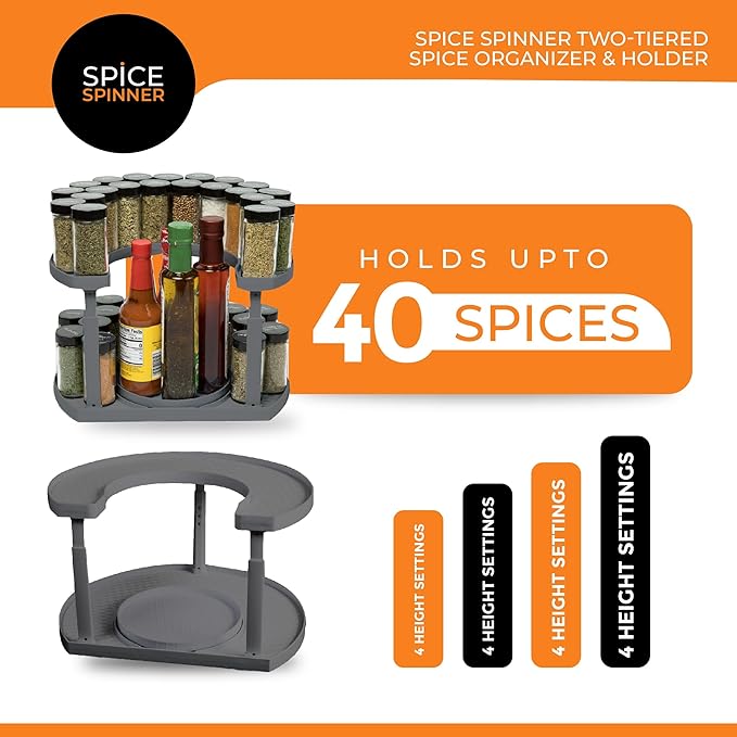 2-Tier Spice Rack Organizer for Cabinet | Rotating Lazy Susan Spice Organizer Holds 40 Spice Jars | Countertop & Pantry Spice Shelf for Kitchen Organization & Storage (Gray)