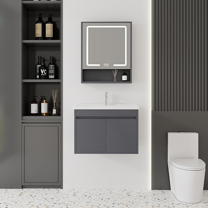 28'' Bathroom Vanity with Ceramic Sink Combo and Medicine Cabinet Mirror with Led Light/Defog, Wall Mounted Small Bathroom Vanity with Soft-Close Door Modern Floating Cabinet, Gray(No Faucet)