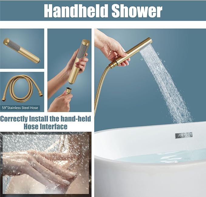 Aolemi Floor Mount Bathtub Faucet Freestanding Tub Filler Standing High Flow Shower Faucets Shower Mixer Taps, Swivel Gooseneck Spout with Cylinder Handheld Brushed Gold