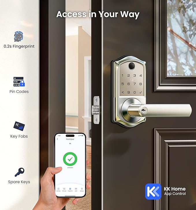Veise VE019 Fingerprint Smart Lever Lock - APP Control, Keypad Door Lock with Handle, Keyless Entry for Front Door and Bedroom, Electronic Digital Knob, Remote Grant, IP55 Weatherproof, Satin Nickel