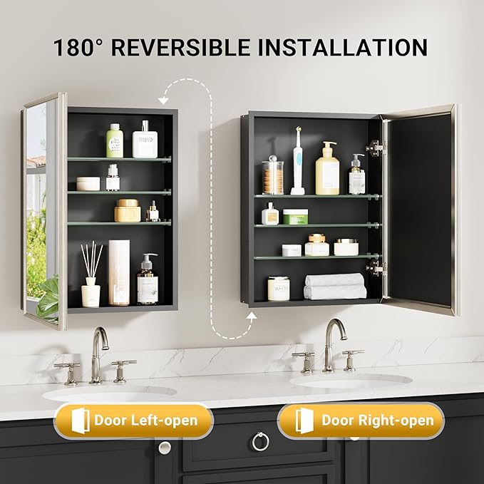 60x30 Brushed Nickel Medicine Cabinet, Recessed or Surface Large Framed Medicine Cabinet with 3 Beveled Mirror Door & Adjustable Shelves, Shatterproof, Pre-Assembled Bathroom Storage Cabinet