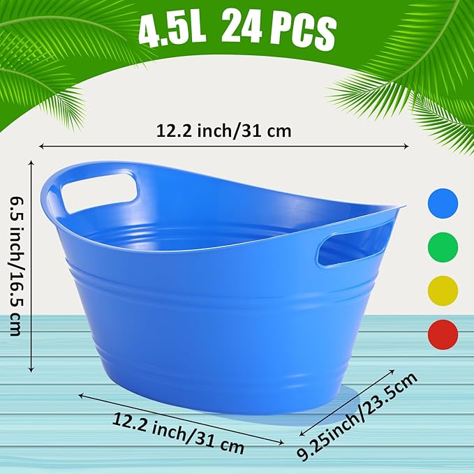 Norme 24 Pcs Oval Storage Tub with Handles, 4.5L Plastic Ice Bucket Wine Beer Champagne Bottle Drink Cooler Tub for Parties Beverage, Storage Basket (Colorful)