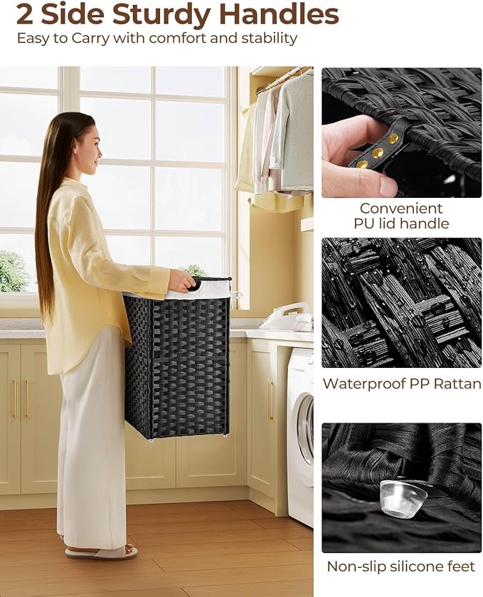 Greenstell Laundry Hamper with 2 Removable Liner Bags, Foldable Divided Clothes Hamper, 90L Handwoven Synthetic Rattan Laundry Basket with Lid and Handles, Easy to Install Black 18.3x13.3x24 Inches