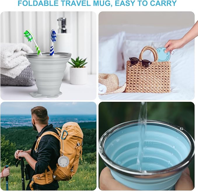 Silicone Collapsible Travel Cup Small 270ml Folding Drinking Cups Silicone Folding Camping Cup for Outdoor Hiking Travel （Blue and Grey,2Pack