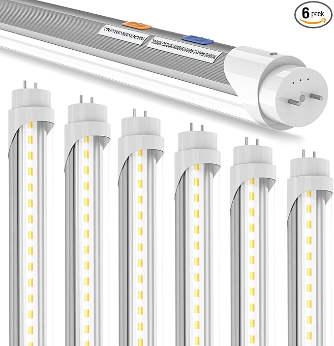 T8 T12 LED Bulbs 4 Foot, 4FT Tube Lights Type A+B Bulbs, 6CCT 3000K-6500K/5 Power(10W-24W) Selectable, T8/T12 4ft Fluorescent Tube Replacement, Plug and Play or Ballast Bypass, ETL DLC(6 Pack Clear)
