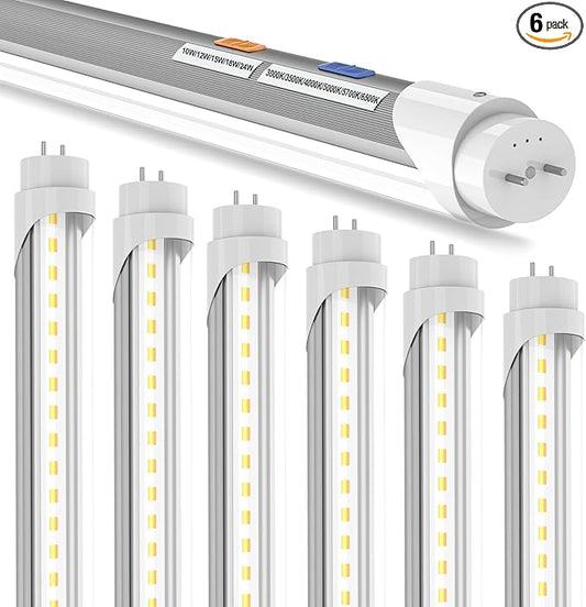 T8 T12 LED Bulbs 4 Foot, 4FT Tube Lights Type A+B Bulbs, 6CCT 3000K-6500K/5 Power(10W-24W) Selectable, T8/T12 4ft Fluorescent Tube Replacement, Plug and Play or Ballast Bypass, ETL DLC(6 Pack Clear)