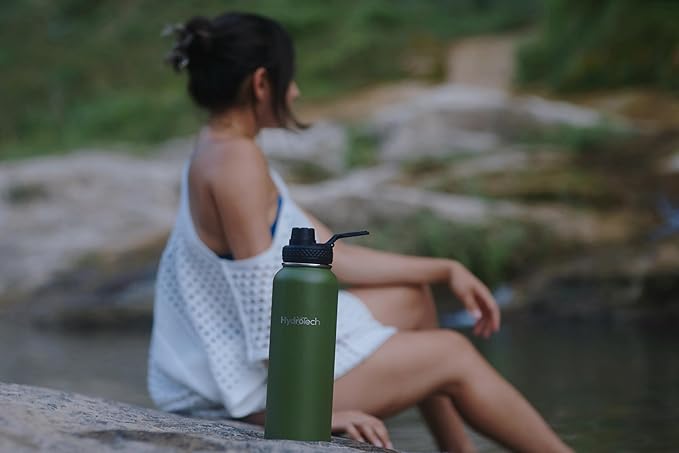 HydroTech Stainless Steel Leak Proof Water Bottle with Double Wall Insulation and 2 Lids (Straw Lid) - 40 OZ. (Dark Green)