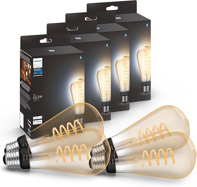 Philips Hue Smart 60W ST23 Filament LED Bulb - White Ambiance Warm-to-Cool White Light - 4 Pack - 550LM - E26 - Indoor - Control with Hue App -Compatible with Alexa, Google Assistant and Apple Homekit