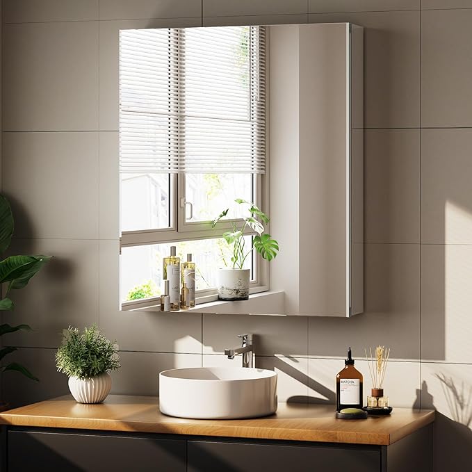 Bathroom Medicine Cabinet with Mirror, 30 Inch x 24 Inch Bathroom Mirror Cabinet with Single Door & Adjustable Shelves, Surface Mount or Recess Installation