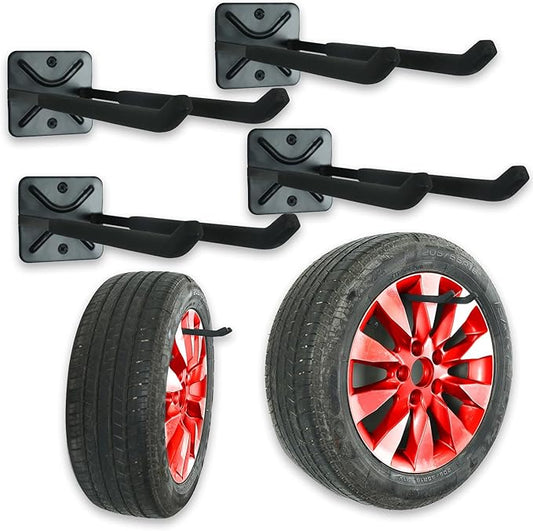 Heavy Duty Garage Tires Hooks Wall Mounted Hanger Tool Organizer Rack Hardware Steel Metal Multi-Tools Storage Utility Hooks with Screws and Anchors(4, Black)