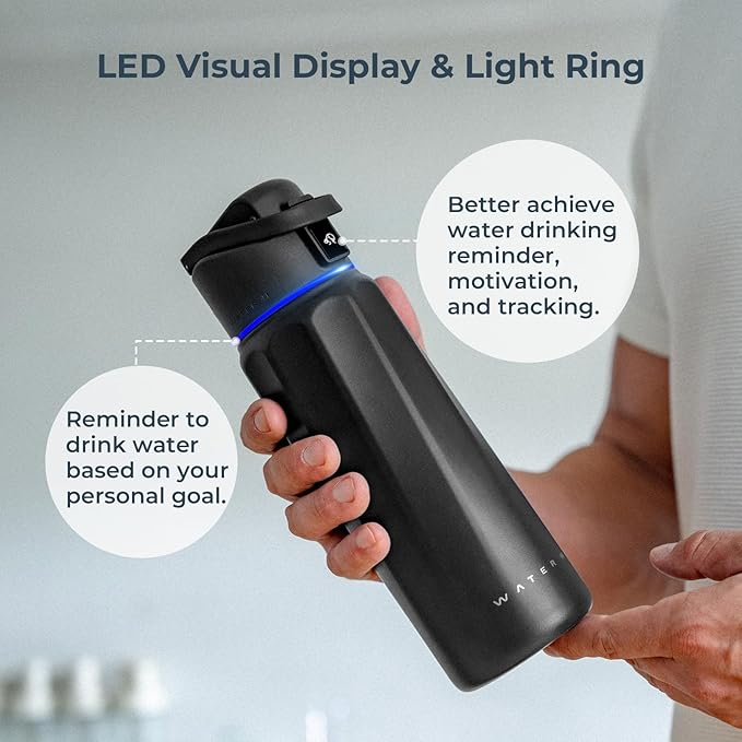 BOOST Smart Water Bottle with Reminder to Drink Water & Water Tracker Bottle - Double Wall Vacuum Insulated Water Bottle Stainless Steel, Wide Mouth 32 oz Water Bottles, Ideal for Gift - Black