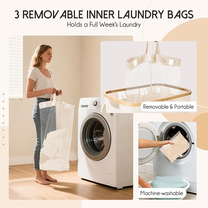160L Laundry Sorter Hamper with Lid, 3 Section Extra Large Dirty Clothes Basket with Handles, 3 Removable Liner Bags & Labels, Beige