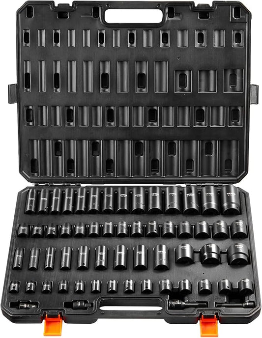 VEVOR Impact Socket Set 3/8" & 1/2" Socket Set 59PCS SAE 5/16" to 1-1/4" and Metric 6-32mm, 6 Point Cr-Mo Alloy Steel for Auto Repair, Easy-to-Read Markings, Rugged Construction, Storage Case