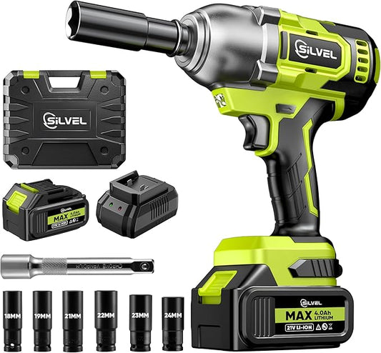 SILVEL Cordless Impact Wrench, MAX 650N.M Brushless Impact Gun 1/2 inch, 4.0Ah Battery, 6 Sockets, 3300RPM Impact Driver wih Fast Charger