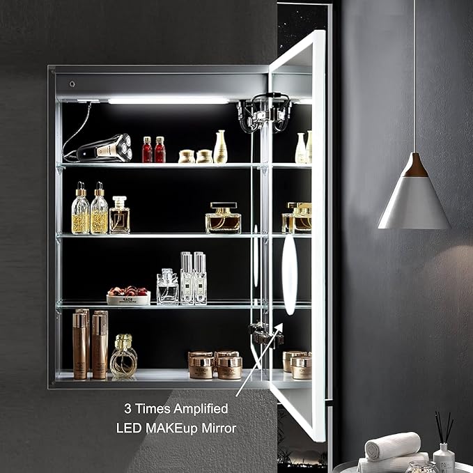 Blossom LED Lighted Mirror Medicine Cabinet, 20x32 Inch, Right Hinge | Recessed or Surface Bathroom LED Medicine Cabinet with Mirror, Defogger, 3 Color Dimmer | 3X Makeup Mirror, Outlets & USB Ports