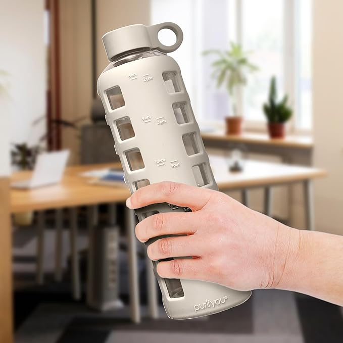 purifyou Premium Glass Water Bottles, 40/32 / 22/12 oz Reusable Drinking Bottle with Time & Volume Markings Silicone Sleeve & Stainless Steel Lid for Water, Coffee, & Fruit Juice (40oz Pearled Ivory)