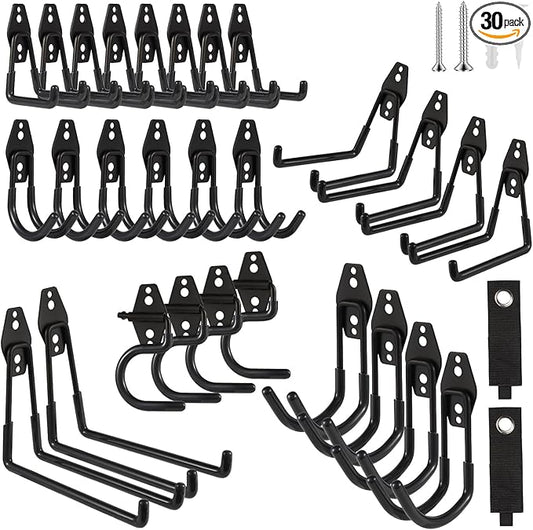 Garage Hook Heavy Duty Wall Storage Hangers, 30 Pack Garage Storage Hooks Steel Tool Black for Ladders, Ropes, Garden Tools