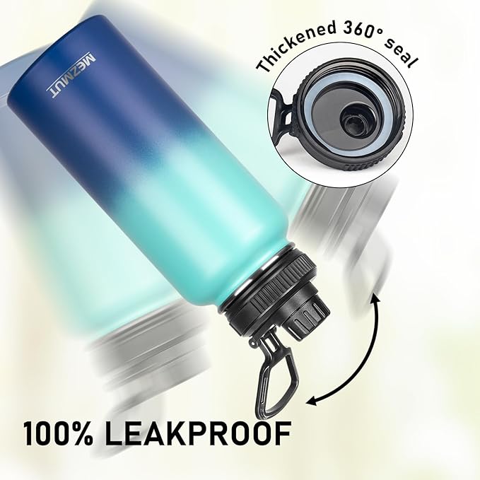 Stainless Steel Water Bottles 32oz Insulated Water Bottle with Straw&3 Lids Double Walled Sports Metal Thermos Water Bottle Cup Leak-Proof Vacuum Insulated Bottles Travel(Gradient Blue)