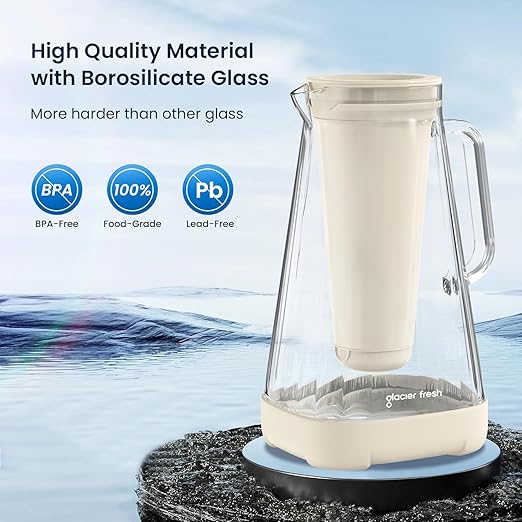 GLACIER FRESH Glass Water Pitcher for Tap and Drinking Water with Membrane and Activated Filter, Reduces Chlorine and Lead Taste, Food Grade and BPA Free Materials, 10-Cup, White