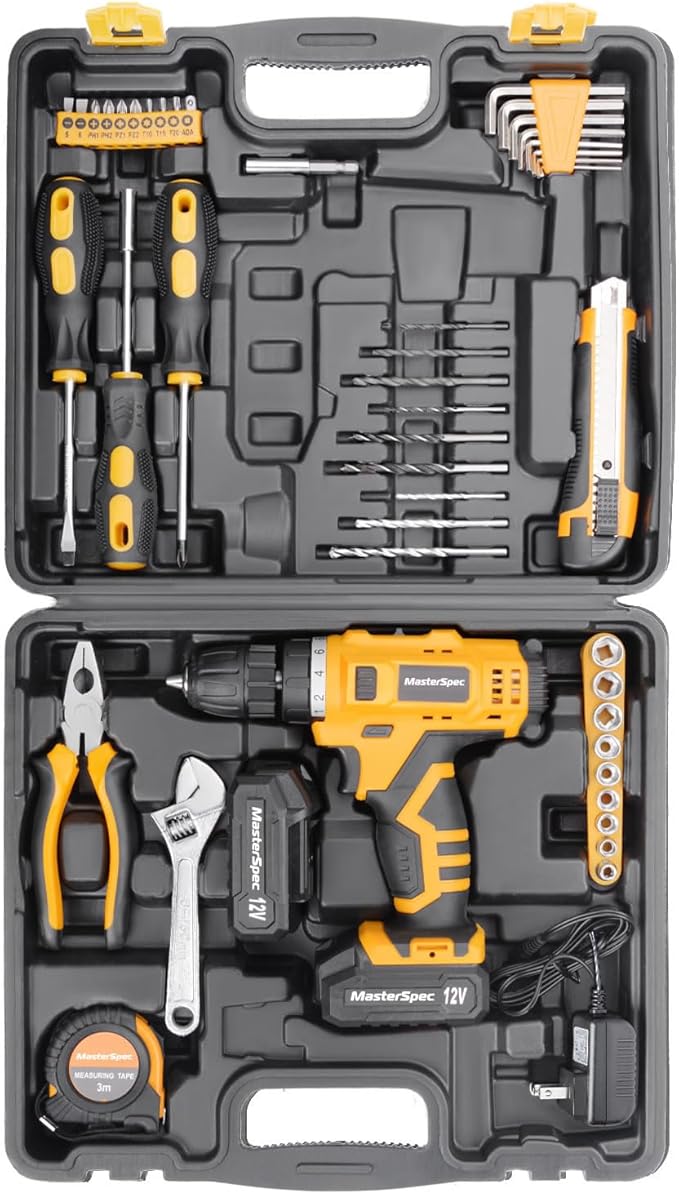 47Pcs 12V Cordless Drill Driver Set Household Hand Tool Kit w/ 2 Batteries