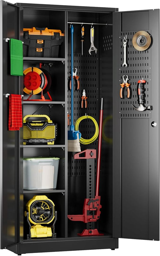 71.31" H Metal Broom Closet Storage Cabinets with Pegboards and Hooks,Utility Closet Storage Cabinet with Hooks and Hanging Rod for Laundry Room,Utility Room,Warehouse,Garage,Black