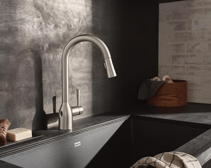 Moen Adler Chrome One-Handle High Arc Kitchen Sink Faucet with Power Clean, Modern Kitchen Faucet with Pull Down Sprayer, 87233