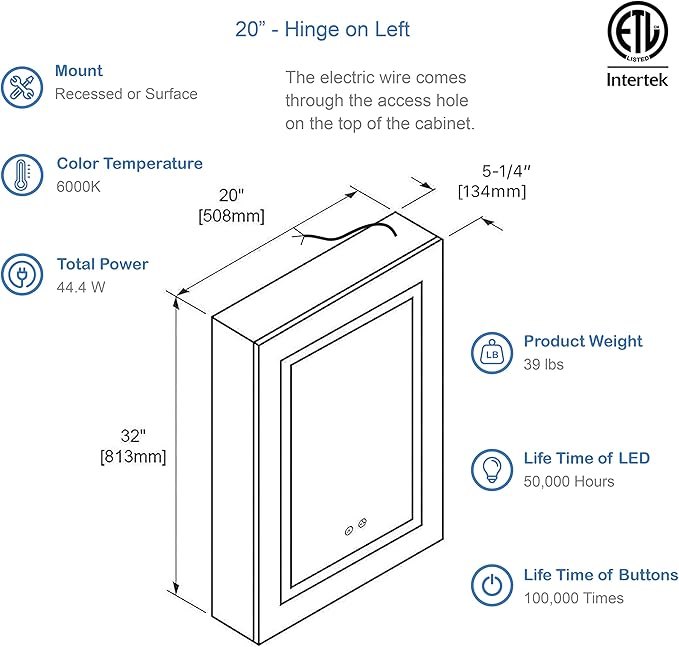 Blossom LED Mirror Medicine Cabinet with Lights, 20x32 Inch | Left Hinge LED Medicine Cabinet Mirror for Bathroom | Recessed or Surface with Defogger, 3 Color Dimmer | Makeup Mirror