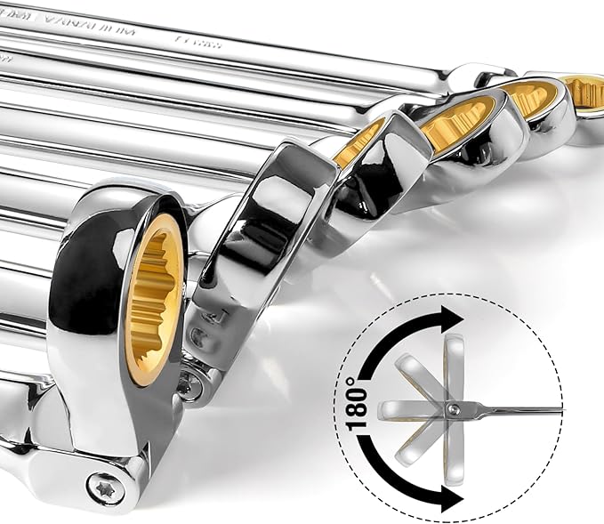DURATECH 14 * 15 mm Extra Long Anti-Slip Flex-Head Ratcheting Wrench, Metric, CR-V Steel