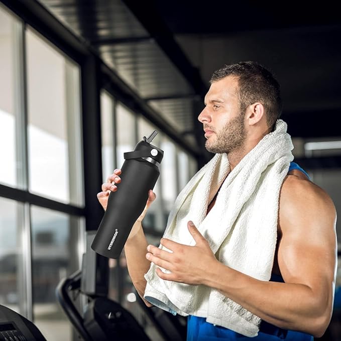 SENDESTAR 40oz Stainless Steel Water Bottle(Cold for 48 Hrs, Hot for 24 Hrs),Double Wall Vacuum Insulated Bottle with Straw Lid, Spout Lid and Flex Cap, Fit in Any Car Cup Holder,Black