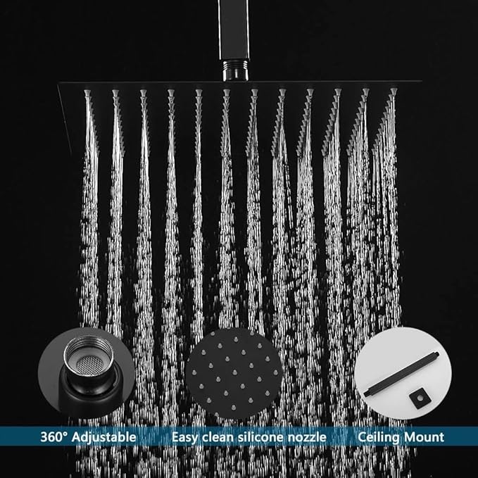 16 Inch Ceiling Mount Matte Black Shower System Bathroom Luxury Rain Mixer Shower Combo Set Ceiling Rainfall Shower Head System (Contain Shower Faucet Rough-in Valve Body and Trim)