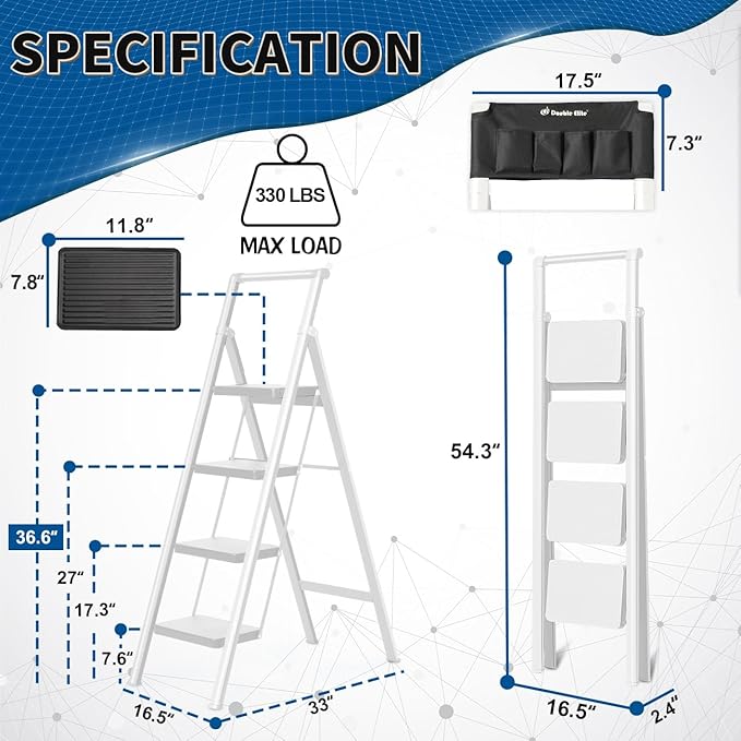 Double Elite Step Ladder 4 Step Folding with Handgrip, Convenient Step Ladder with Tool Bag Safer 330 Lbs Load 4 Step Ladder Folding Step Stool, Small Sturdy Ladder for Adults with Wide Pedals, White