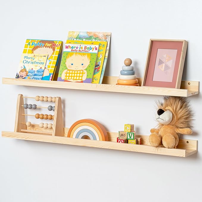 Picture Ledge Shelf for Wall, 36 inch Solid Pine Wood Nursery Book Shelves 2 Packs, Floating Ledge Shelves for Kids' Room Bedroom Bathroom Living Room Photo Frames Office Nursey Wall Decor, Natural