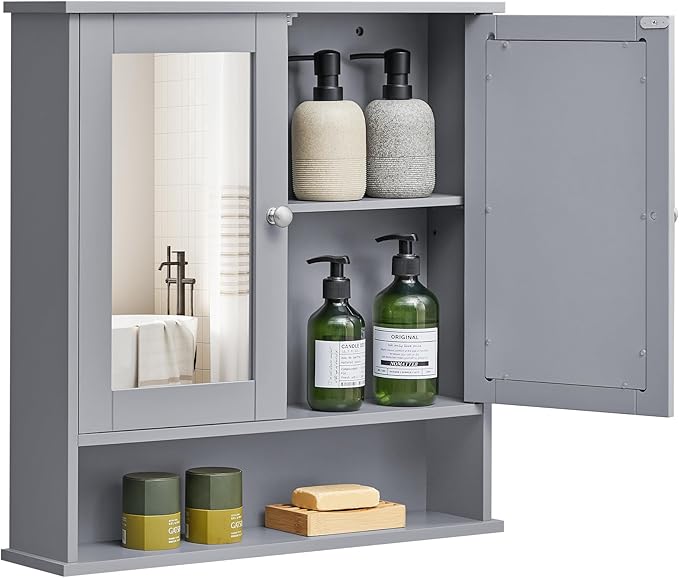 VASAGLE Bathroom Cabinet with Mirror, Wall Cabinet with 2 Mirrored Doors, Adjustable Shelf, Open Compartment, Wall-Mounted, 5.1 x 22.2 x 23 Inches, Dove Gray ULHC002G02