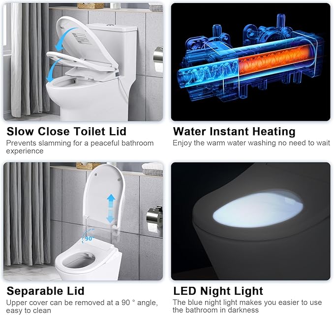Bidet Toilet Seat, Elongated Smart Heated Toilet Seat, EWATER Wand Cleaning & LED Nightlight Design, Endless Warm Water, Warm Dryer, Deodorizer, 2 Control Method