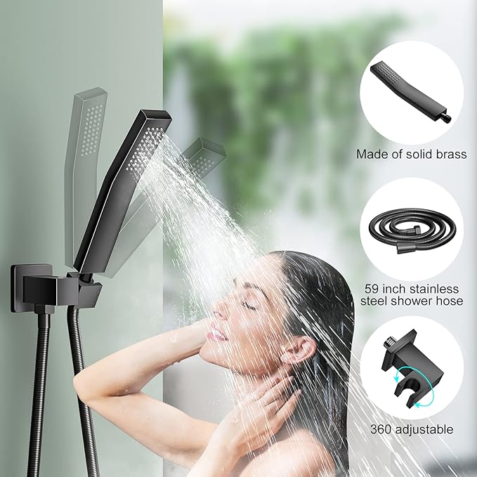 NERDON Shower System, 12 Inch Matte Black High Pressure Rain Shower Head with Handheld, Wall Mounted Mixer Shower Combo Set, Bathroom Rainfall Shower head Shower Faucet Brass Shower Valve and Trim