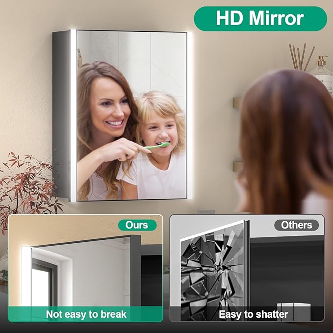 16x20 Inch Medicine Cabinet with LED Light Mirror, Brightneess Adjustable and Full-Assembled Bathroom Aluminum Cabinet with Storage, Surface or Recessed Tempered Cabinet, Farmhouse Black