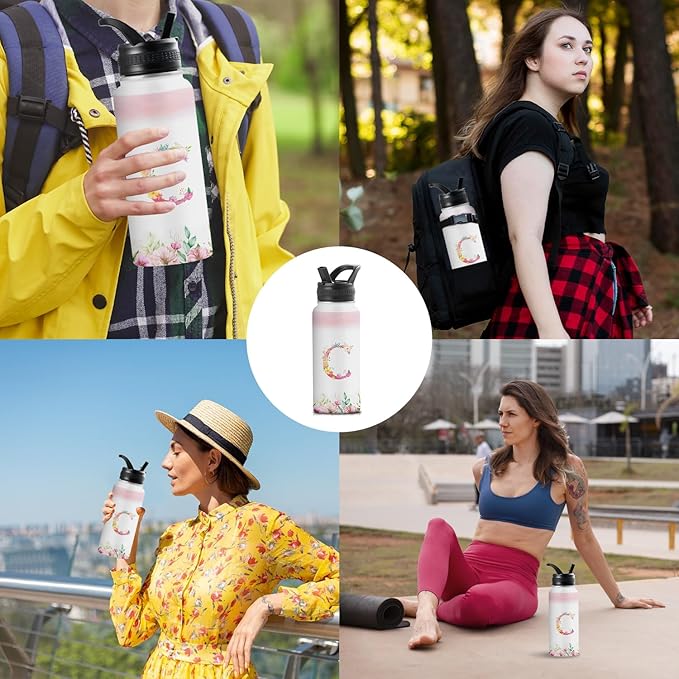 Personalized 32oz Water Bottle with Straw Customized Initial Letter Sport Bottles Monogrammed Initial Insulated Bottle Coffee Mug for Travel (C)