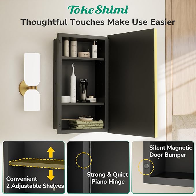 TokeShimi 21x27 Recessed Medicine Cabinet with Mirror Wall Mounted, Aluminum Gold Medicine Cabinet Mirrored, Metal Beveled Mirror with Storage for Bathroom Vanity