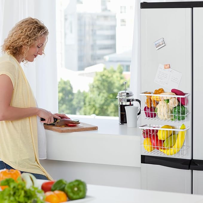 3 Pcs Magnetic or Adhesive Refrigerator Organizer Magnetic Baskets Kitchen Holder for Refrigerator Metal Shelf Rack Storage with 2 Types of Installation(White)