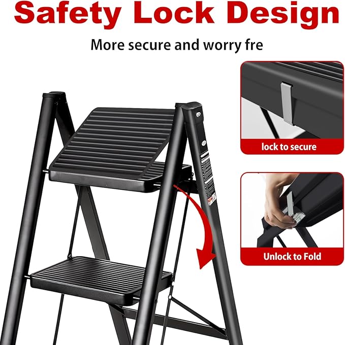 3 Step Ladder with Anti-Slip and Wide Pedal 220 lbs Capacity Folding Step Ladder for Household Kitchen Office(P-Black, 3 Step Ladder)