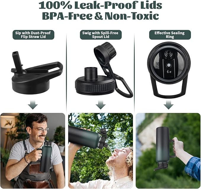 40oz Insulated Water Bottle with Handle, Stainless Steel Sports Metal Water Flask with Straw & 2 Leak Proof Lids, Double Walled Vacuum Wide Mouth Water Bottle for Travel,Camping,Gym (Dark Green Black)