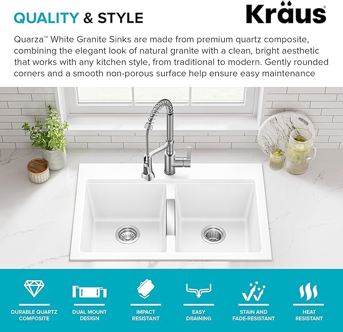 KRAUS Quarza 33-inch Granite Drop-In/Undermount 50/50 Double Bowl White Kitchen Sink, KGD-433BWHITE