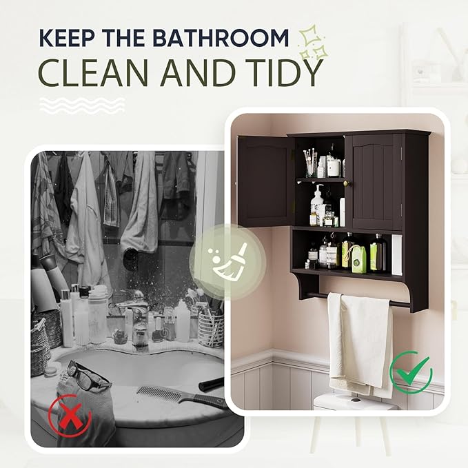 Smuxee Brown Wall Cabinet with Towel Bar - Medicine Cabinet with Adjustable Shelves, Over Toilet Cabinet for Laundry Room Kitchen