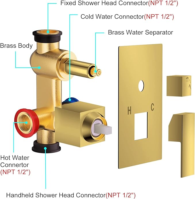 JOMEOO® 12 Inch Brushed Gold Shower System, Wall Mounted High Pressure Rain Shower Head with Handheld Sprayer, Bathroom Luxury Gold Shower Head Shower Faucet Set Rough in Valve Body and Trim