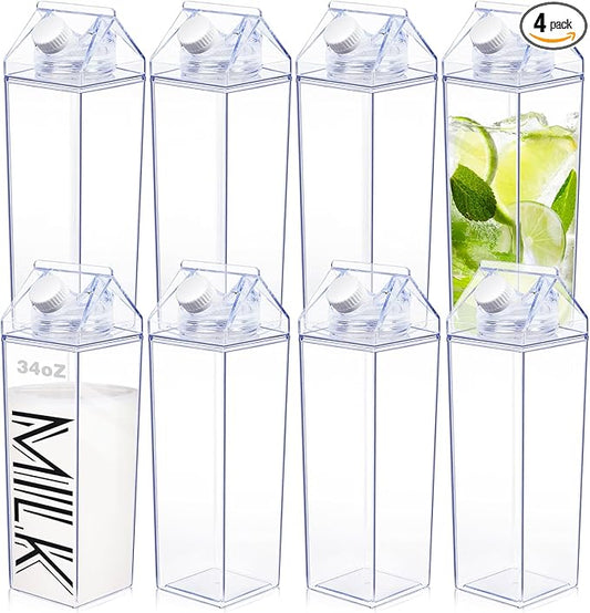 KALYLOC 8Pcs Milk Carton Water Bottle, 34Oz Clear Plastic Square Milk Bottles, Portable Reusable Milk Box Juice Water Container for Travelling Sports Camping Outdoor Activities (Clean 8pcs)