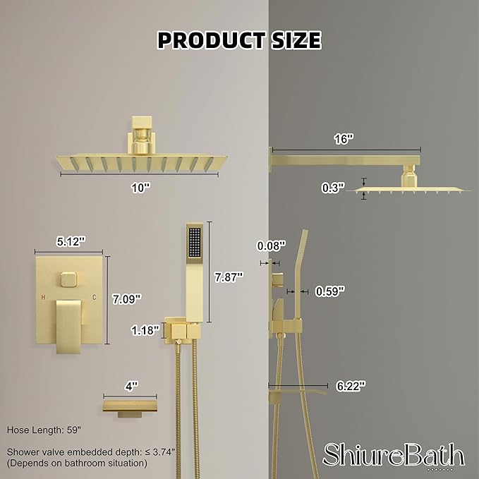 10 Inch Shower Faucet Set with Tub Spout Wall Mounted Shower System for Bathroom with High Pressure 10 Inch Rain Shower head and Handheld Shower Head Set, Brushed Gold